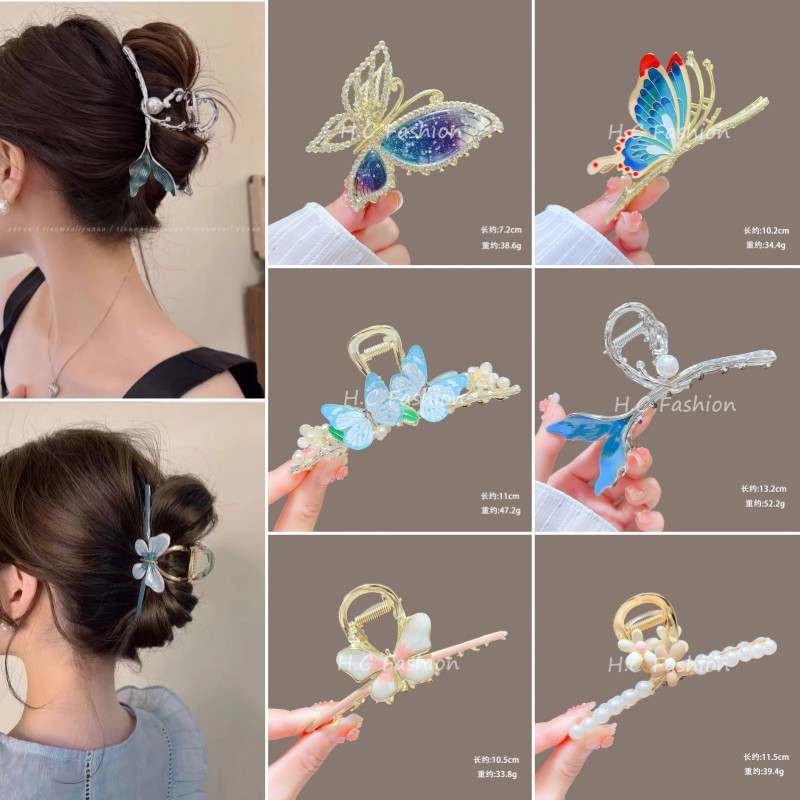 New niche design metal gripper, large deep-sea blue fishtail gripper, pearl style shark clip at the back of the head full figure