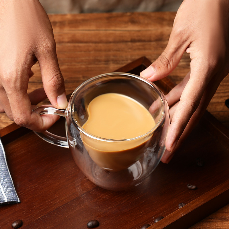 High-temperature resistant cups as souvenirs, high-appearance-level coffee cups, couple creative heart-shaped double-layered glass cups with handles Specification drawing