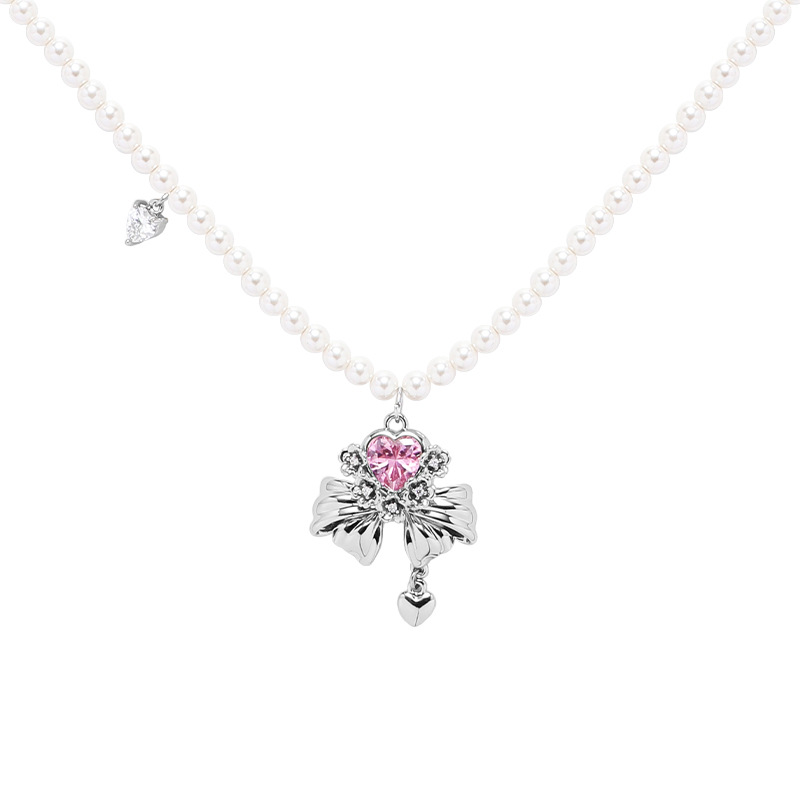 High-end pearl necklace for women, light luxury and niche new pink heart-shaped bow collarbone chain, original fashionable pendant Item Picture