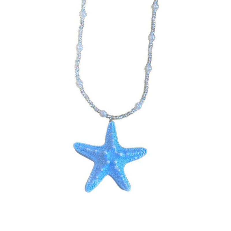 Dopamine long beaded starfish necklace for women, an exaggerated yellow collarbone chain accessory with a summer seaside and island vacation style Item Picture