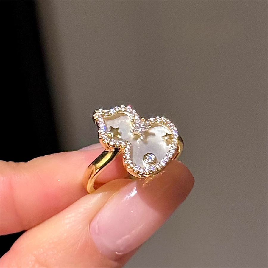 New Chinese-style gourd mother-of-pearl ring for women, no color fading, niche design, high-end feel, light luxury, sparkling diamond opening adjustment ring full figure