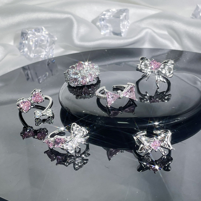 Sweet and cool style, bow, pink diamond, zircon open ring, women's Instagram cold style, niche design, high-end feel ring full figure