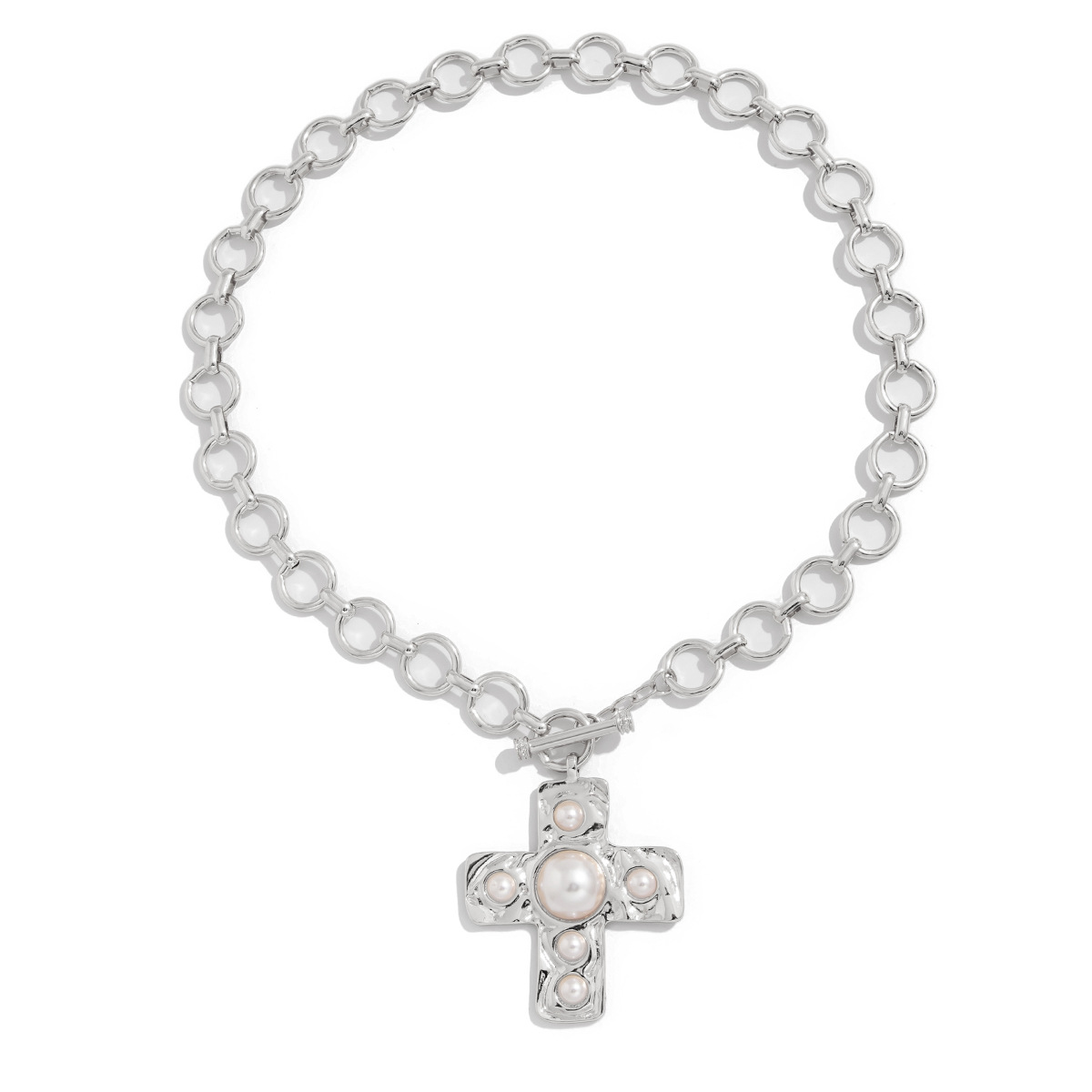 European and American cross-border jewelry, ins style cross alloy pendant collarbone chain, personalized inlaid pearl iron chain necklace Item Picture