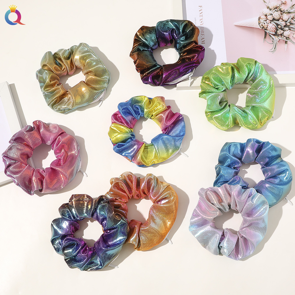 Qiyue European and American laser fabric gradient zipper large intestine hair band, fashionable ponytail hair band, hair accessory manufacturer wholesale headband details Picture