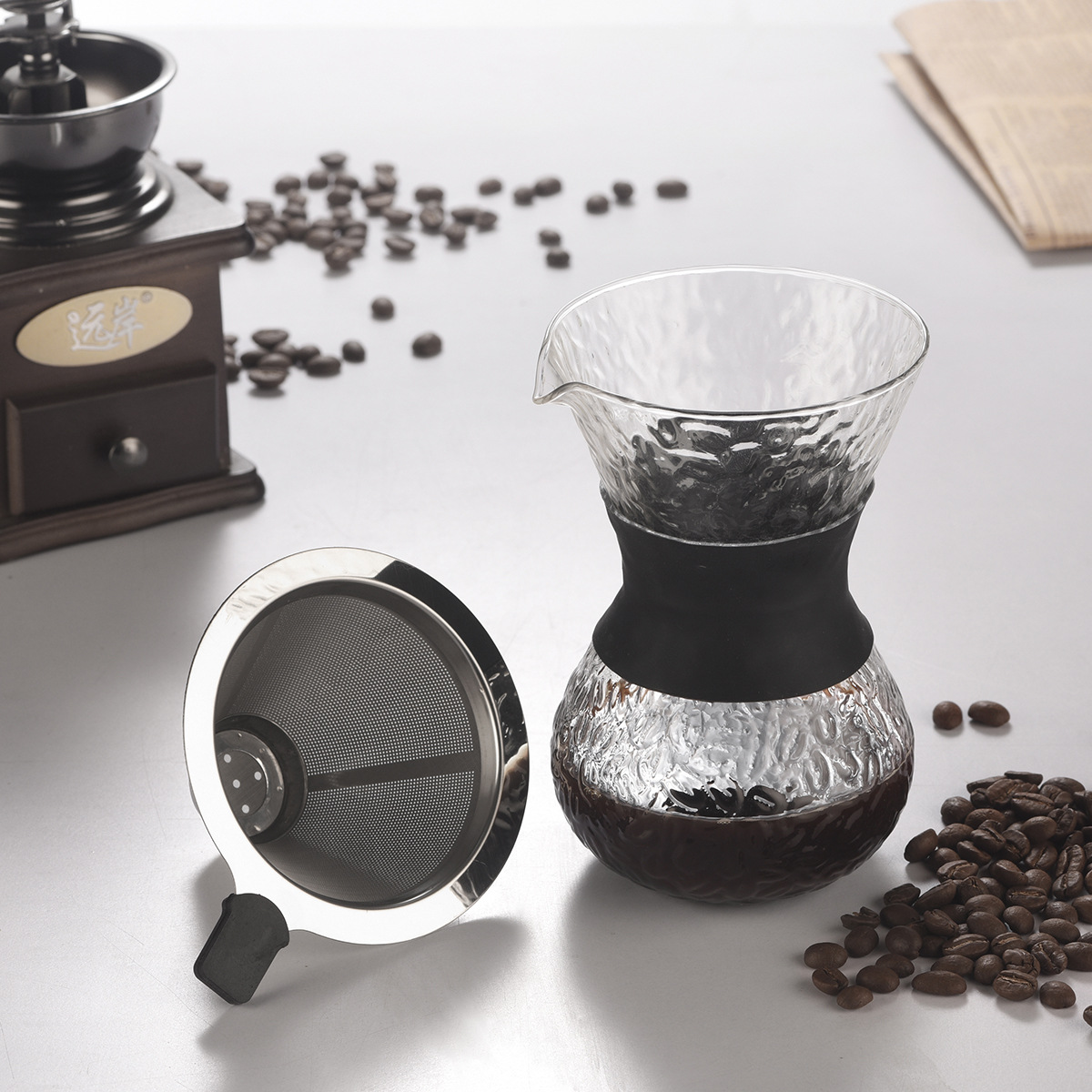 【 Customized LOGO】 Small coffee utensils, stainless steel coffee filter, leaky glass hand-brewed coffee pot set details Picture