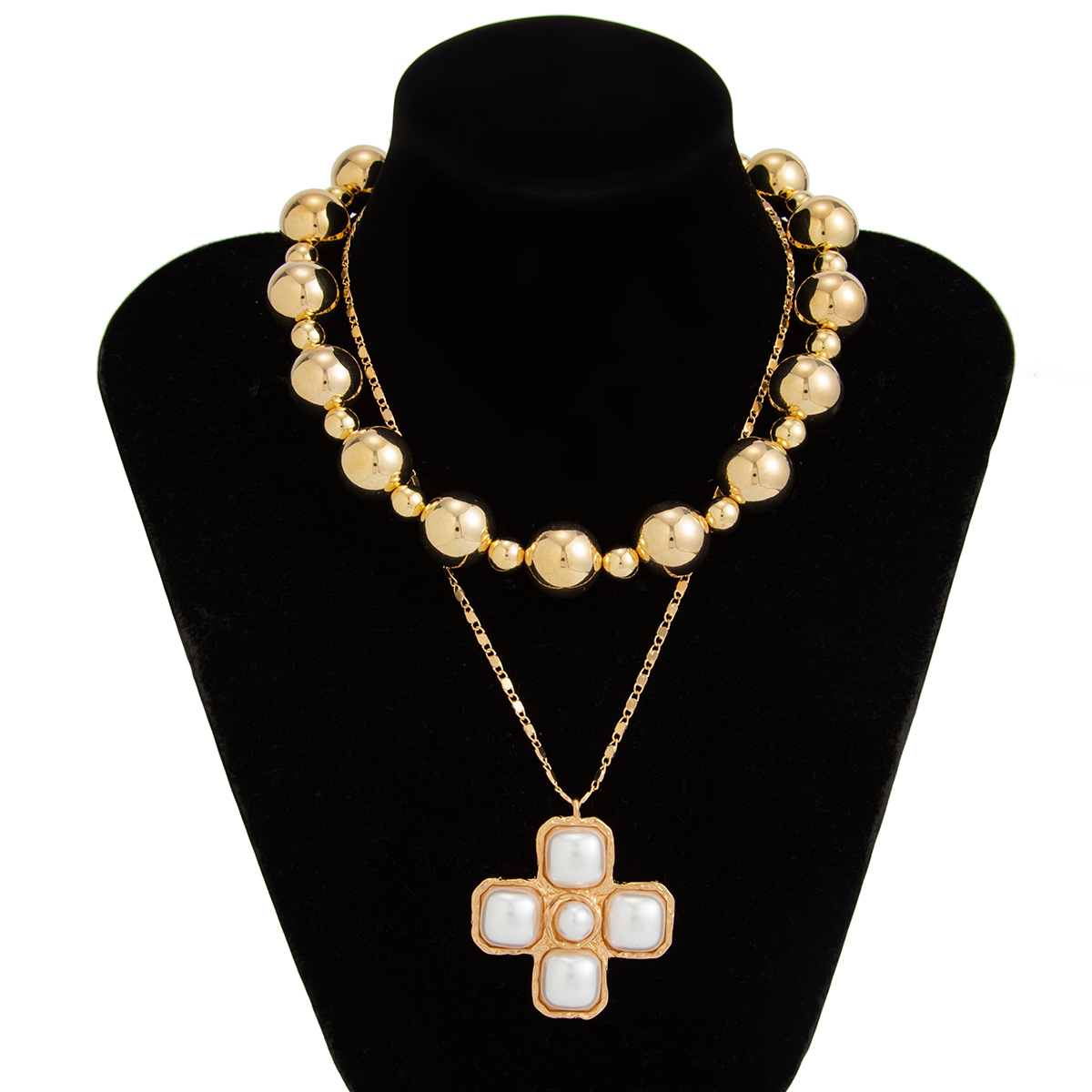 European and American cross-border jewelry punk hip-hop style CCB round bead beaded necklace, fashionable imitation pearl cross collarbone chain Item Picture