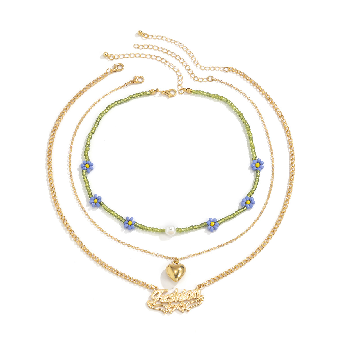 Simple and layered letter-shaped heart sweet and cool collarbone chain, retro imitation pearl flower rice bead necklace, European and American cross-border jewelry Item Picture