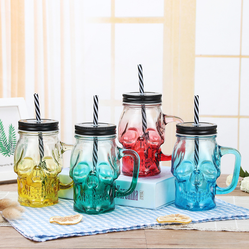 Creative gradient Mason cups, skull cups, beer mugs with straws, water cups with transparent handles, glass cups details Picture