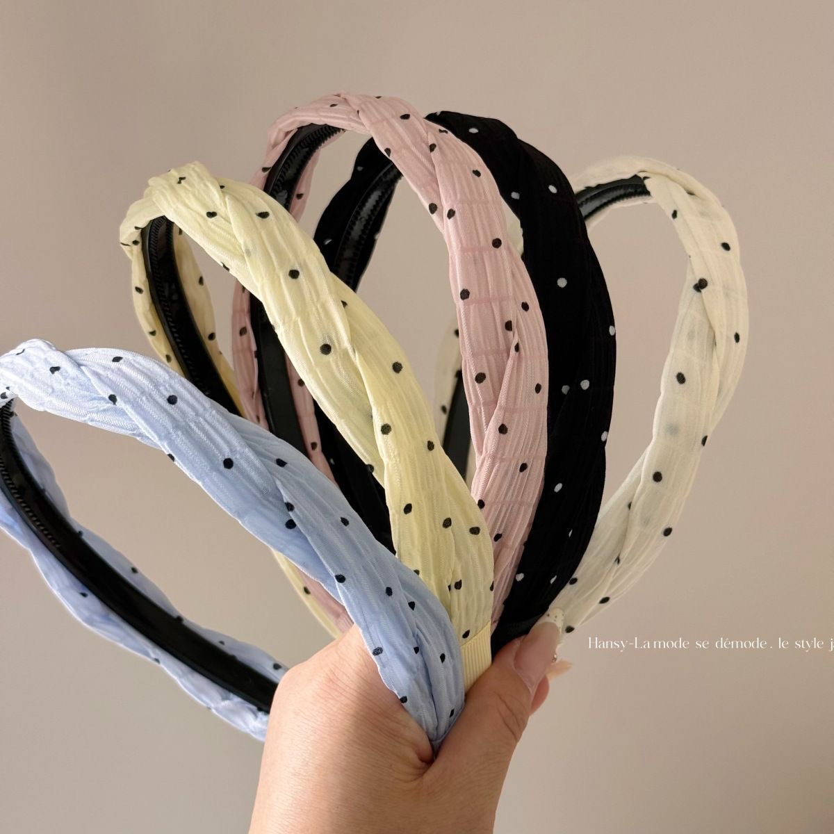 Sweet Korean-style solid-color polka dot hair band, women's cross-shaped high skull top, daily external wearing headband hair clip, high-end hair accessory details Picture