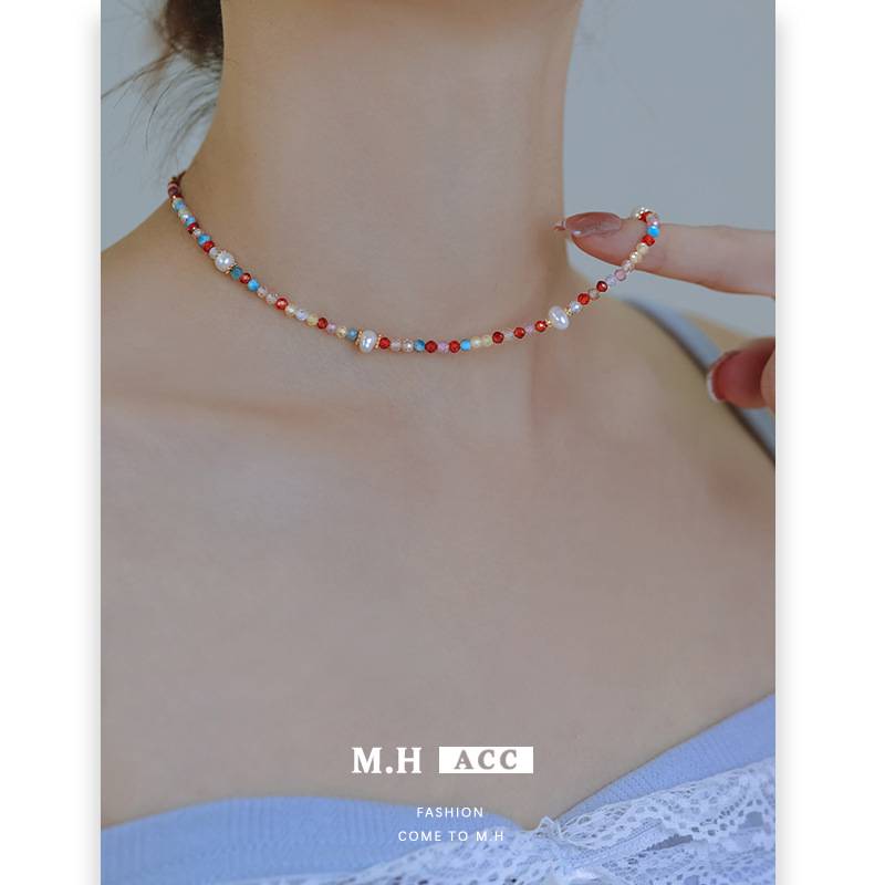 Carefully selected Bohemian vacation-style freshwater pearl necklace for women, light luxury colored zircon beaded collarbone necklace Specification drawing