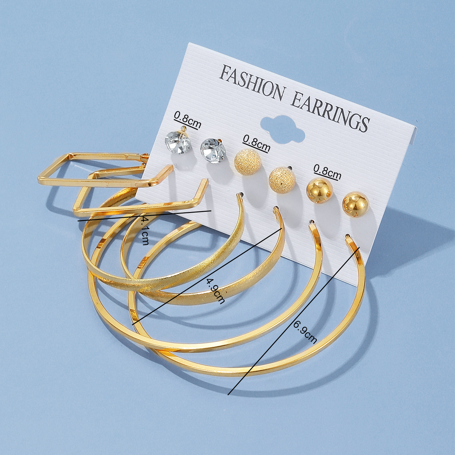 European and American cross-border rock exaggerated metal ear ring 6-piece set, ear stud set, crystal earring combination for women wholesale Specification drawing