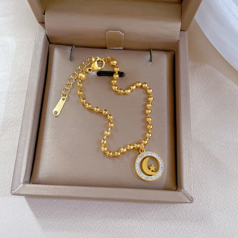 【 All-titanium Steel 】 Dongdaemun Personalized Star Moon Mud Diamond round bead furnace gold bracelet Female Internet celebrity retro best friend Specification drawing