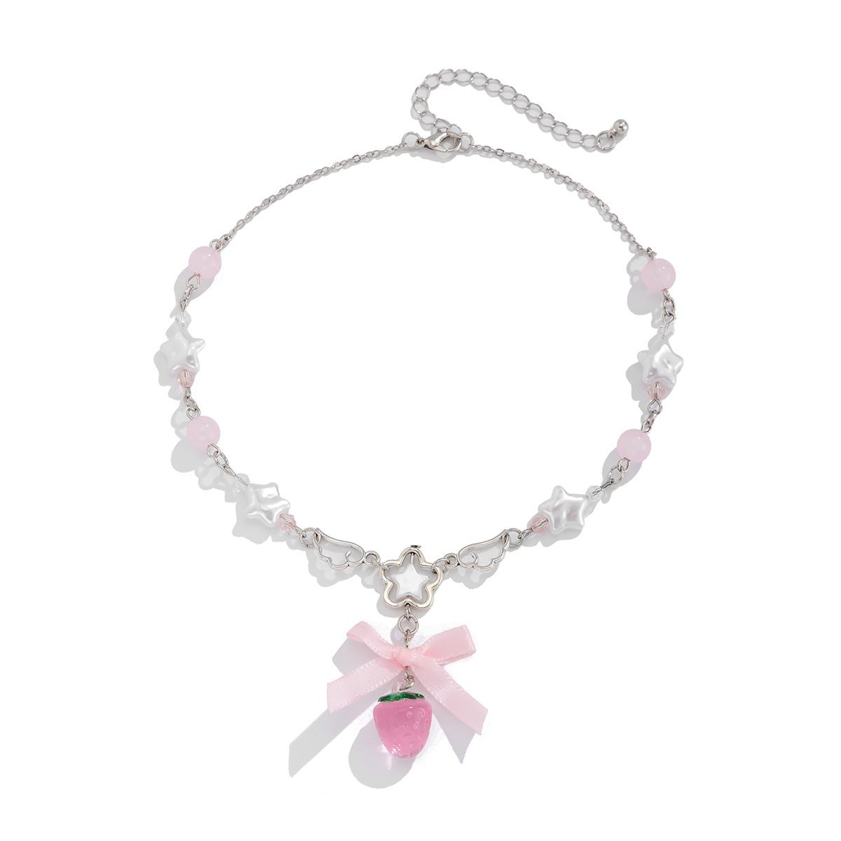 European and American cross-border jewelry, sweet style acrylic strawberry pendant necklace, fresh and clean imitation pearl webbing collarbone chain Item Picture