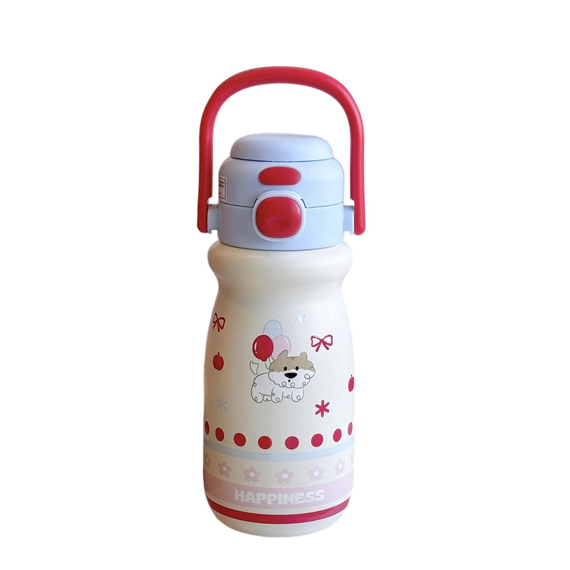 High appearance level handle double-drinking cup for students and couples, cute cartoon insulated cup, stainless steel outdoor portable straw cup for women Item Picture