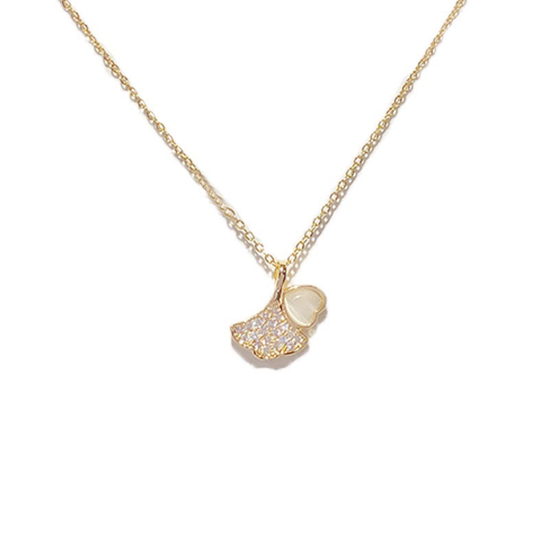 Ginkgo leaf cat's eye stone titanium steel necklace for women on Instagram, cold style, high-end, versatile, simple collarbone chain, fashionable neck chain Item Picture