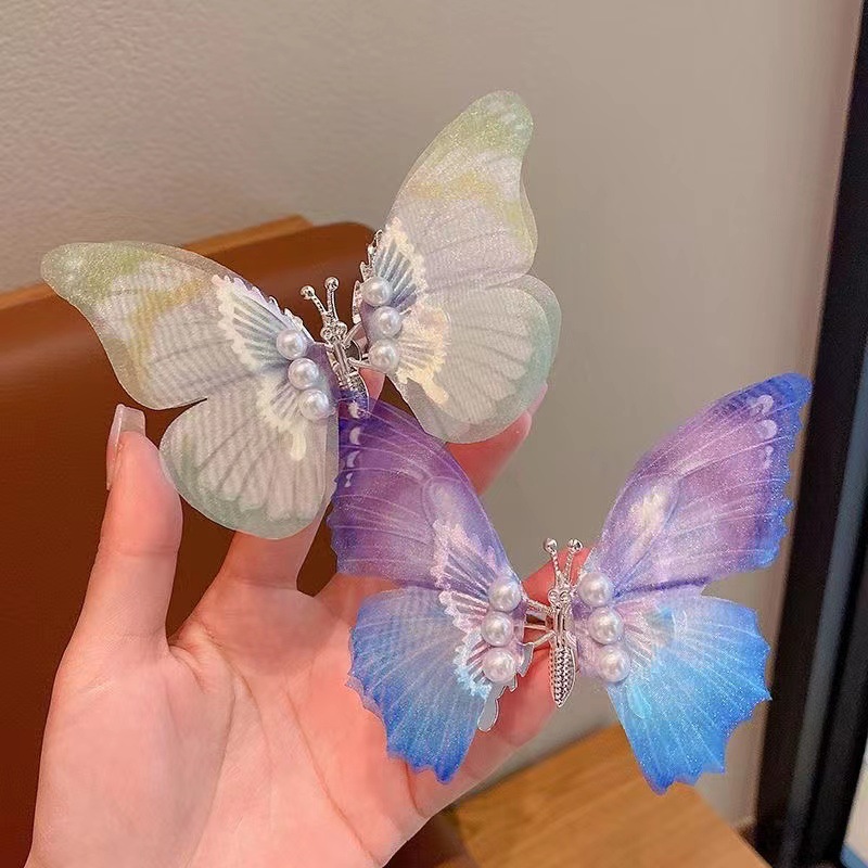 Gradient color moving butterfly, super fairy-like pearl butterfly hairpin, three-dimensional ancient costume hairpin, headwear and hair clip Specification drawing