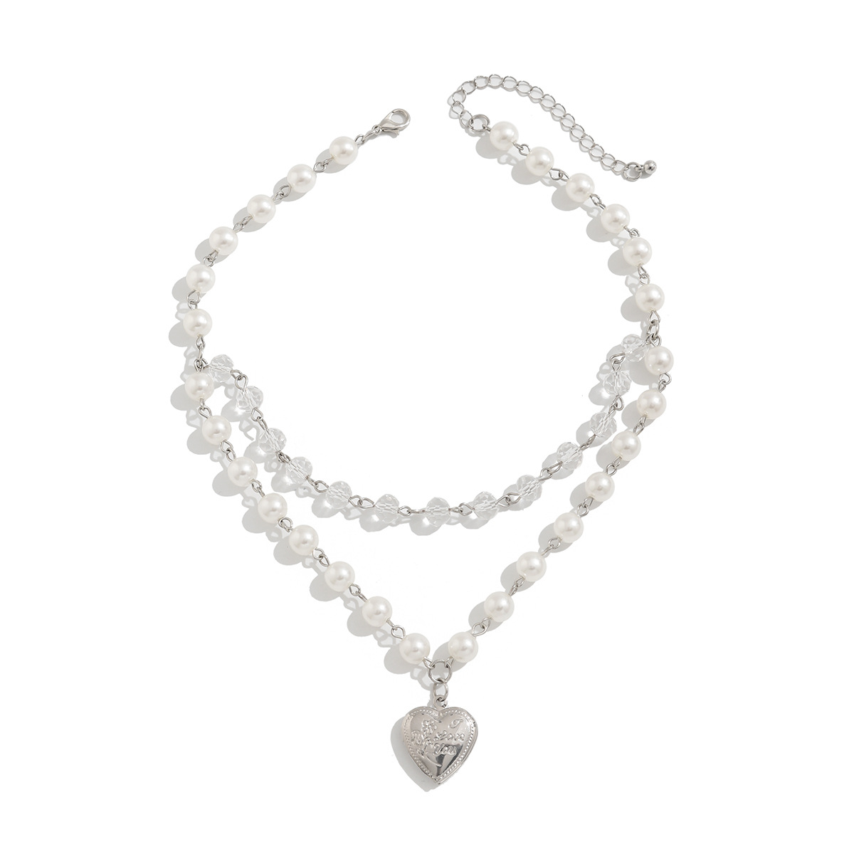 European and American cross-border jewelry, cold style pearl beaded collarbone chain design sense, heart-shaped alloy pendant necklace with multiple layers Item Picture