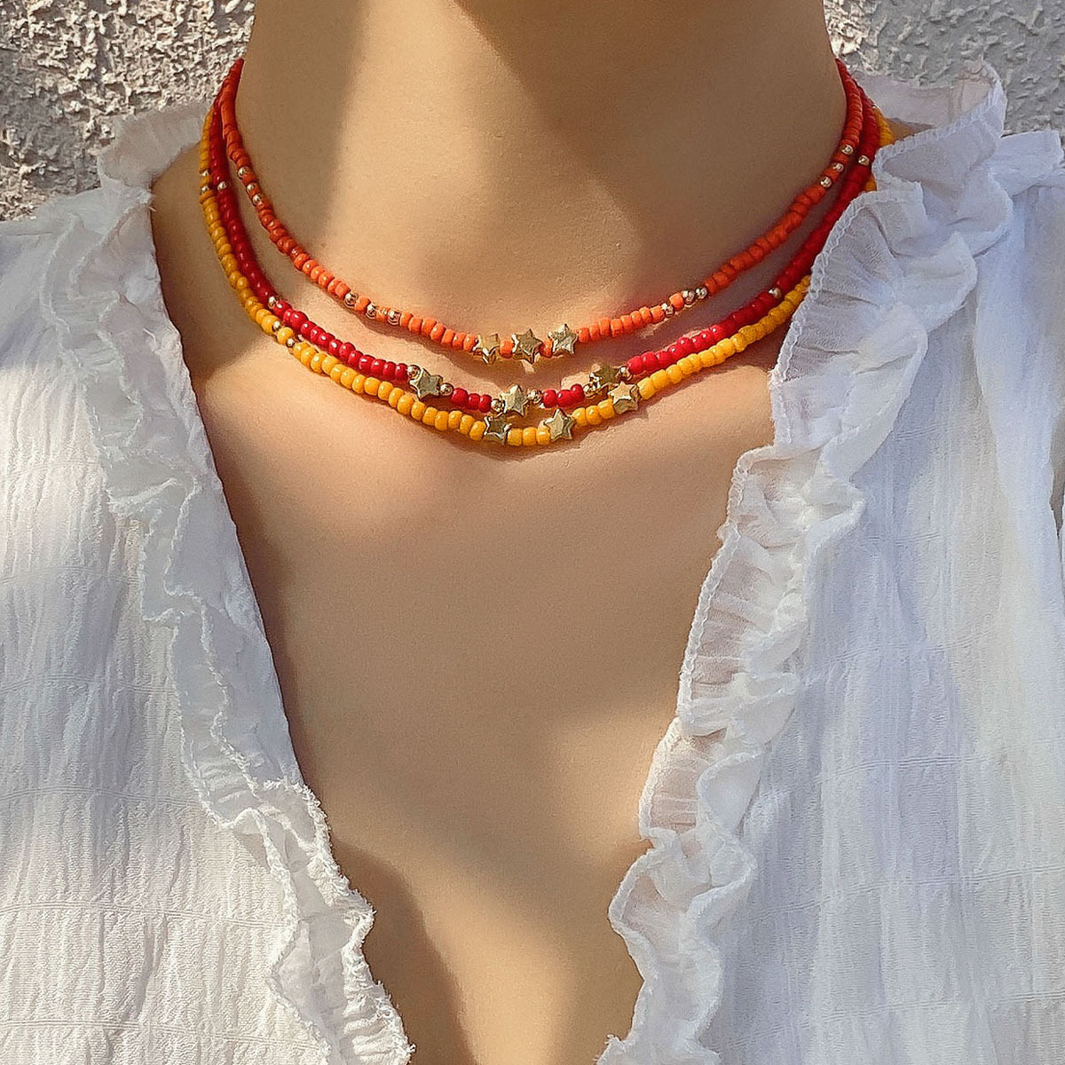 European and American cross-border jewelry, simple and rustic handcrafted rice bead beaded necklace, retro colorful star spice girl necklace full figure