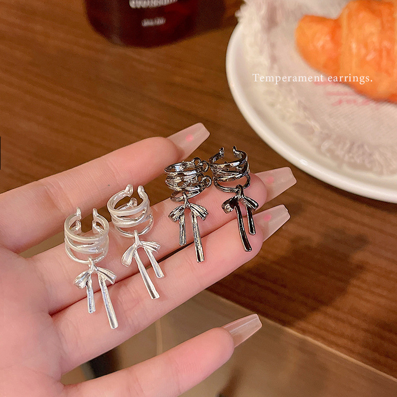 Ballet bow ribbon ear bone clips for women, simple and versatile, no ear holes, tassel ear clips, elegant earrings wholesale full figure