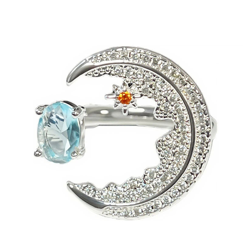 A simple and individual open ring with a blue diamond moon, a cold and fashionable style for women, and a unique and elegant index finger ring Item Picture