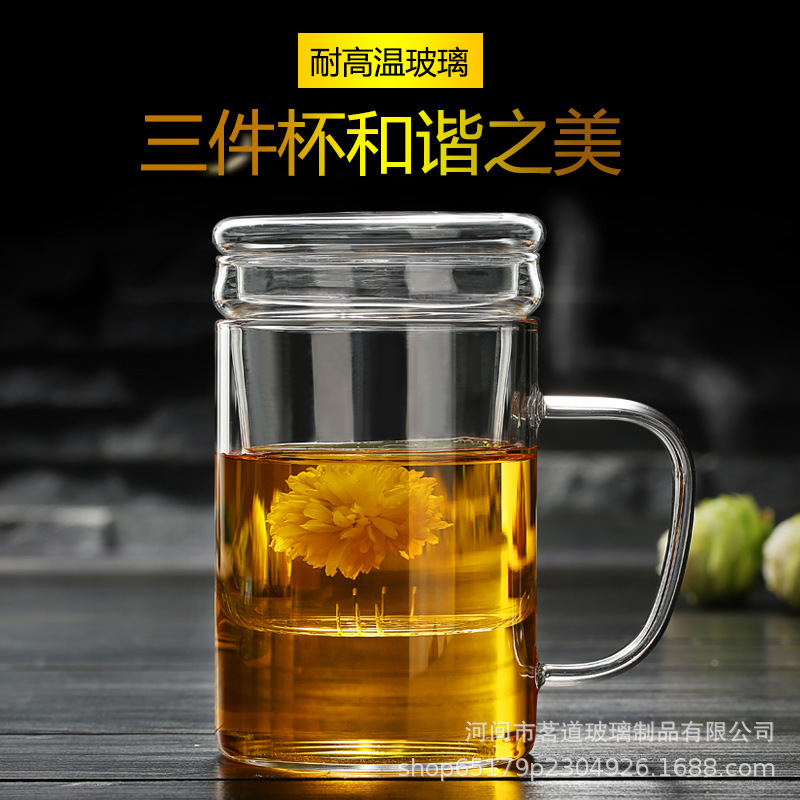 Household high borosilicate transparent glass water cup, tea cup with lid and handle, office coffee cup with lid, simple tea brewing cup Specification drawing
