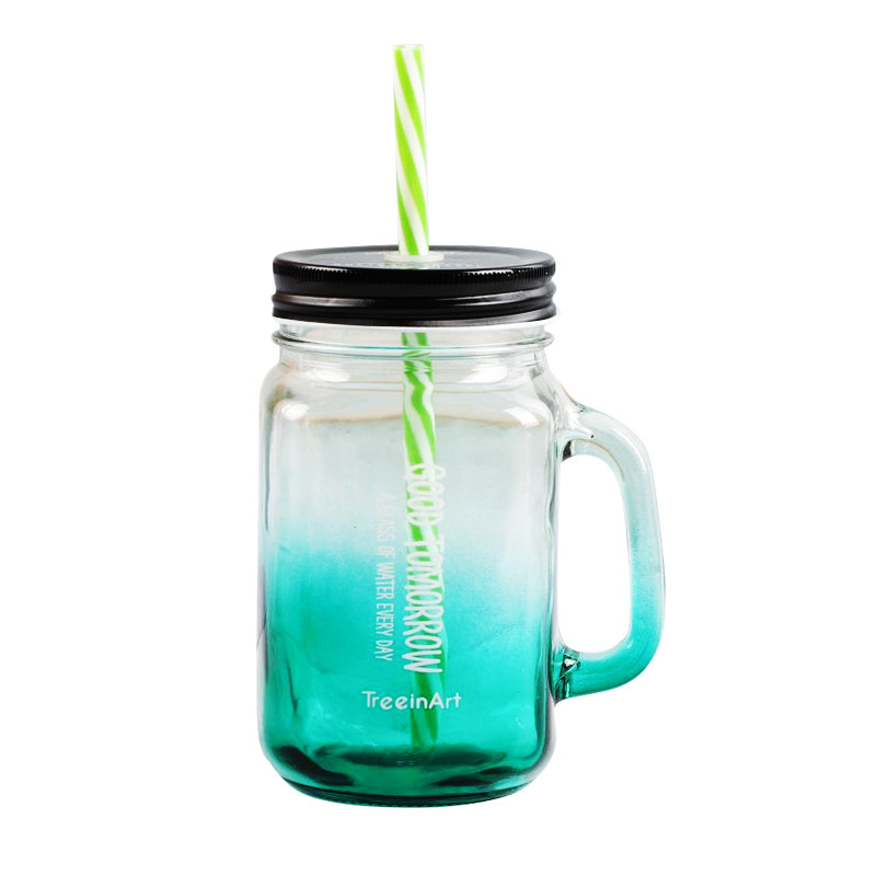 The manufacturer orders a spray-painted rooster glass milk tea bottle with a cold drink flower tea handle and a colored gradient Mason handle straw cup Item Picture