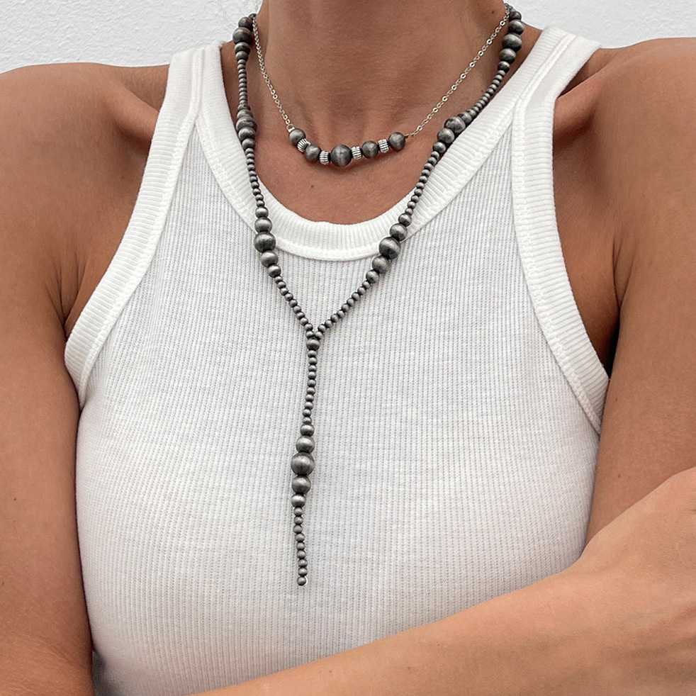 European and American cross-border jewelry, fashionable antique tin brushed beaded Y-shaped necklace, simple geometric multi-layer tassel collarbone chain full figure