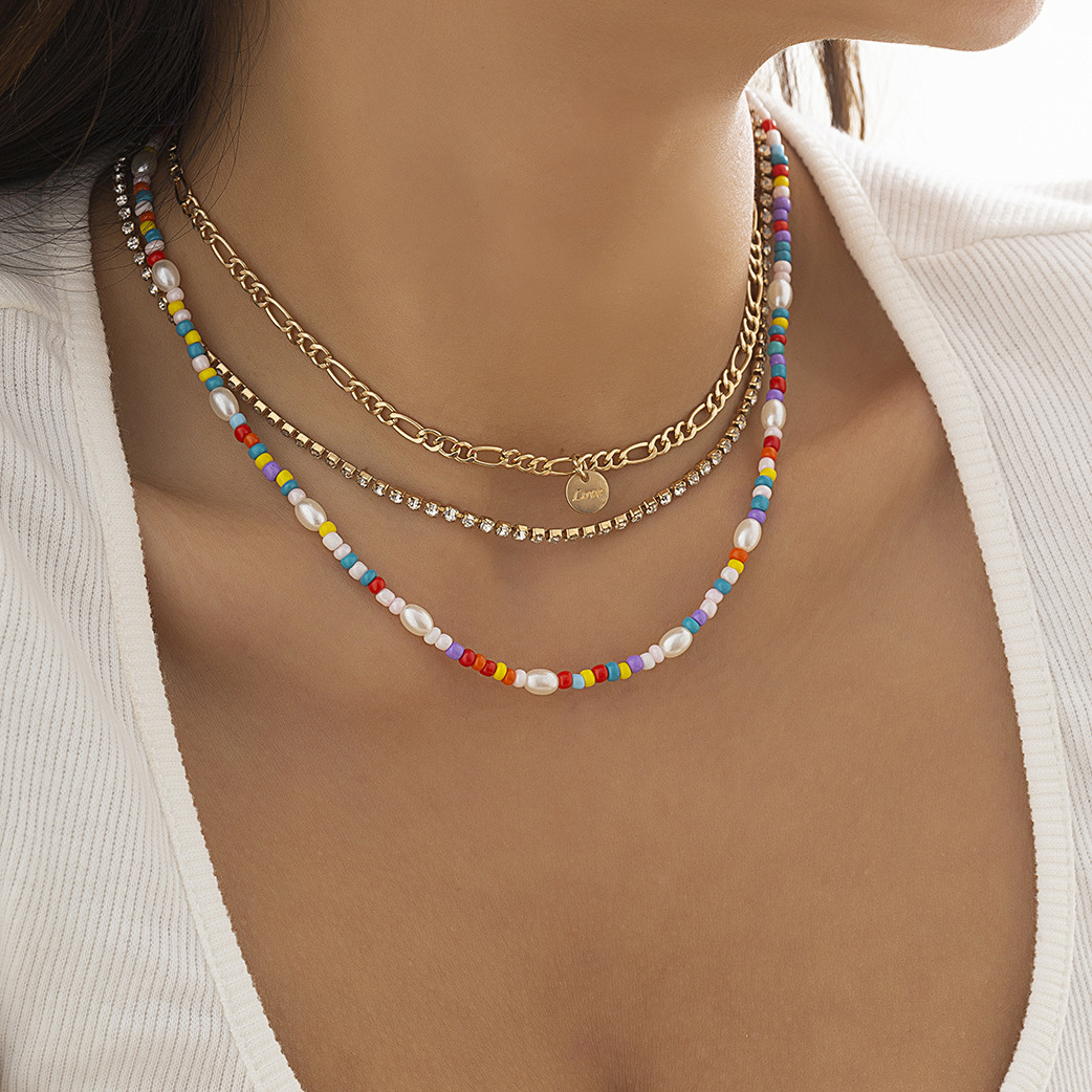 European and American fashionable colorful rice beads layered ethnic style collarbone chain necklace, personalized geometric round claw chain retro necklace Specification drawing