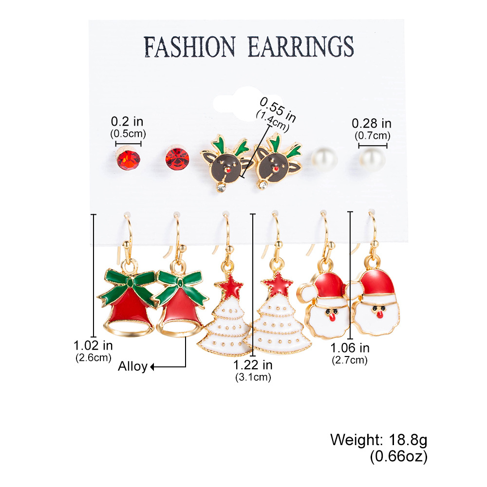 Christmas cross-border earrings set, long European and American bell, snowflake, elderly tree, walking stick, bell alloy earrings for women details Picture