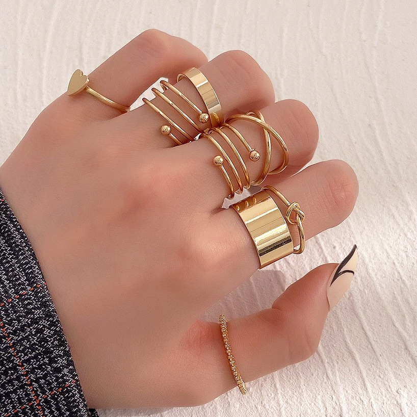 Cross-border European and American set ring for women, retro, fashionable and simple metal geometric plain ring set combination, Instagram trend full figure