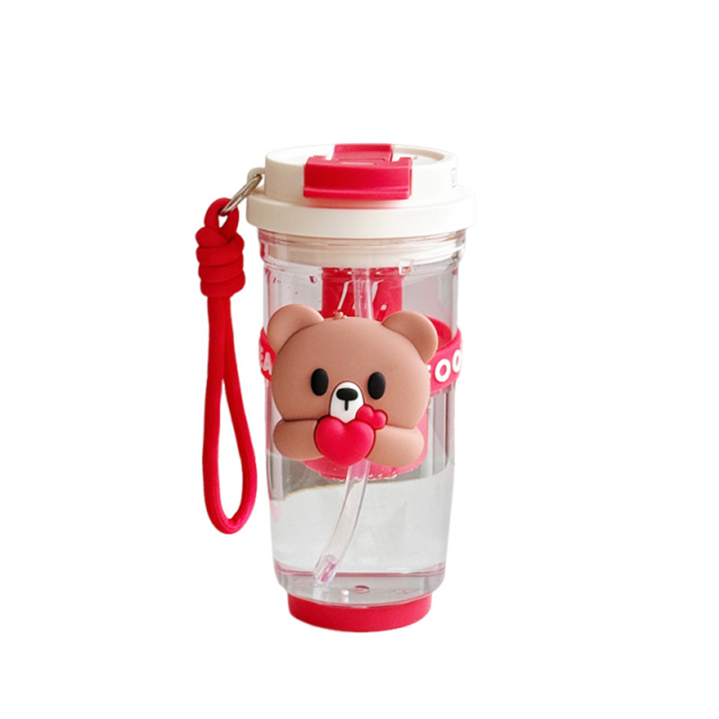 Summer new cartoon hug bear double-drinking plastic cup, Instagram popular water cup, high school girls' appearance level straw cup, casual cup Item Picture