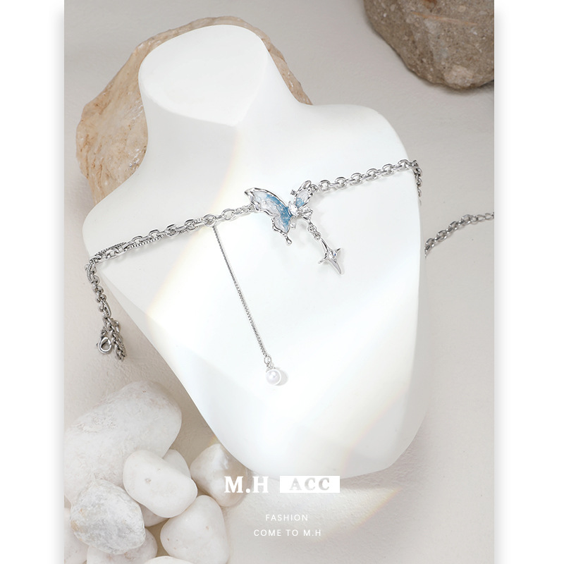 Cold blue and white oil-dripping butterfly necklace, women's light luxury and niche design sense collarbone chain, fresh and sweet necklace wholesale Specification drawing