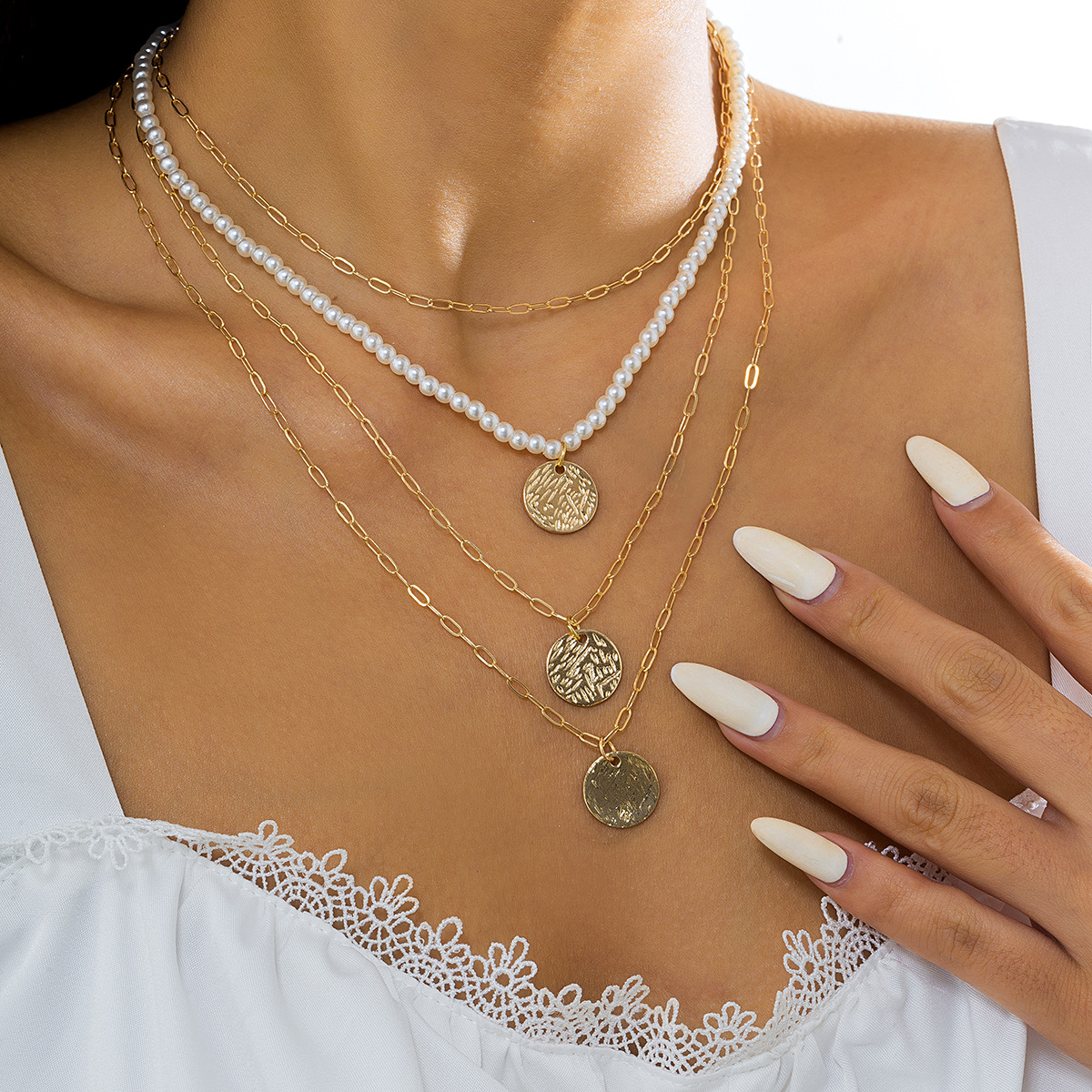 European and American cross-border jewelry, ethnic style imitation pearl woven layered necklace, retro rough surface round tag set necklace details Picture