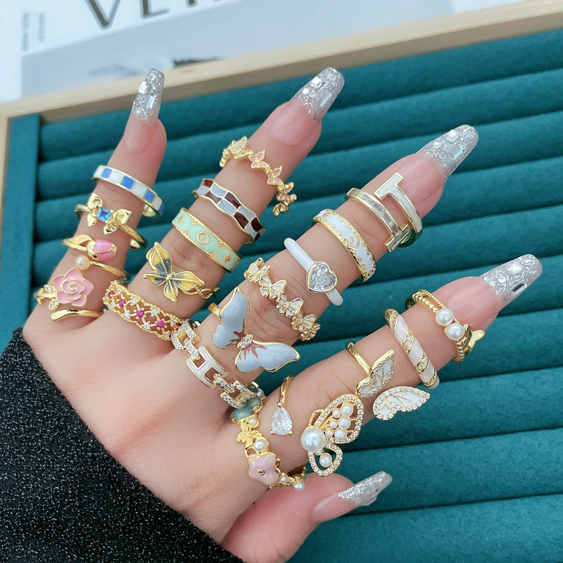 Light luxury enamel drop glaze butterfly flower ring, a niche design for women, fashionable and versatile, with a high-end feel. Adjustable index finger ring details Picture