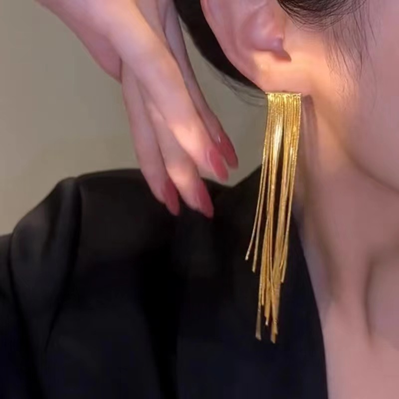 Simple, high-end, versatile and fashionable long chain tassel stud earrings, women's ins trendy European and American style design earrings and earrings details Picture