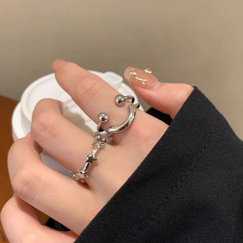 Plain ring star smiling face open ring for women's niche design, simple and cold style ring, adjustable personalized index finger ring full figure