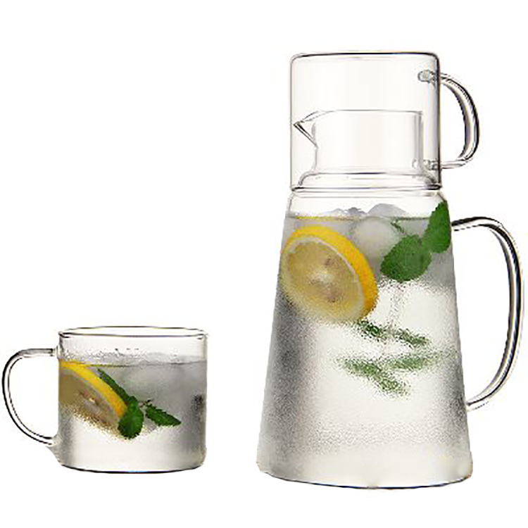 Transparent glass cold water bottle with cup, cold water bottle lid integrated with handle, high borosilicate anti-scald and heat-insulating tea brewing cold water bottle Item Picture
