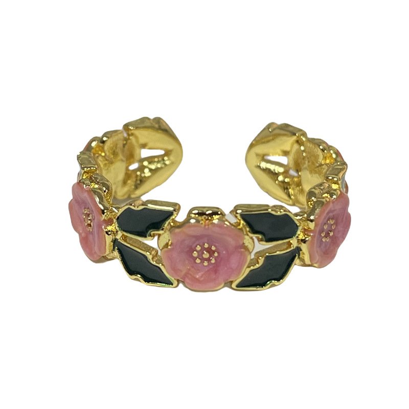 French retro enamel rose flower drop glaze open ring for women's ins cold style sweet cool fashion versatile ring Item Picture