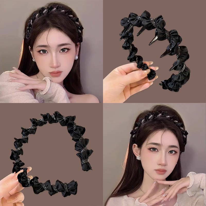 Black braid high top hairband with a high-end feel, light luxury water diamond hairband, daily external wear headband, toothed anti-slip hair clip Specification drawing