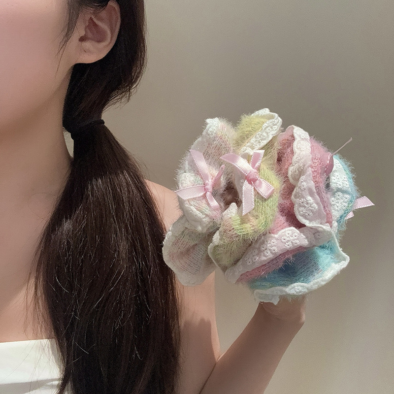 Fairy-like sweet lace large intestine hair band, cute hair tie, girlish forest-style bow, woolen knitted hair band details Picture