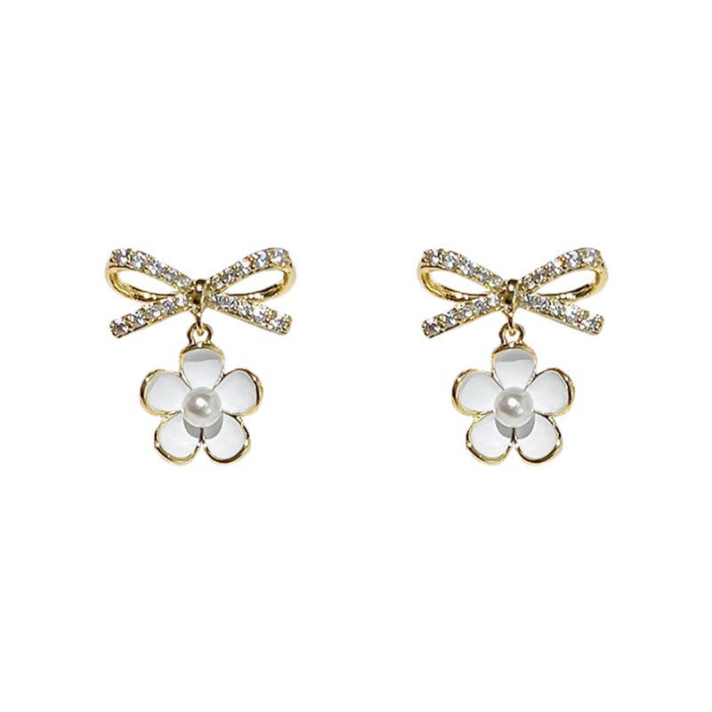 Niche design sense, high-end bow pearl flower earrings, women's summer light luxury stud earrings, 2025 new trend Item Picture