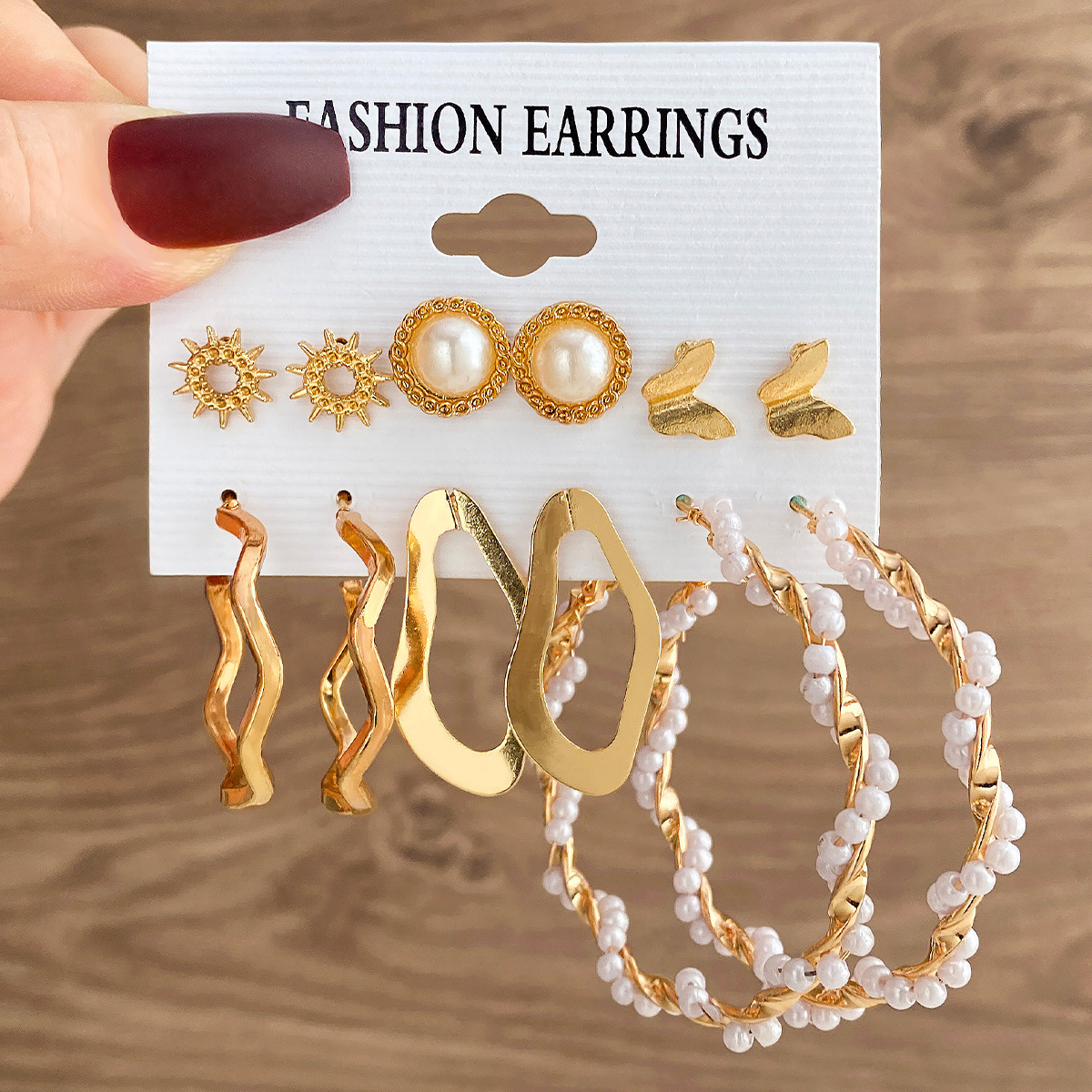 European and American cross-border pearl inlaid butterfly stud earrings, high-end ear rings, retro metal 6-set earrings set for women Specification drawing