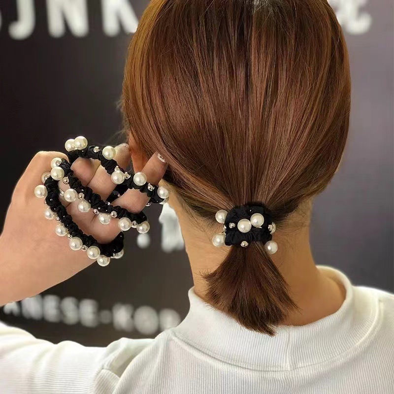 Retro style pearl hair tie, simple and basic Korean-style hair band, black hair tie, no hair damage for women, hair tie, leather band and leather cover full figure