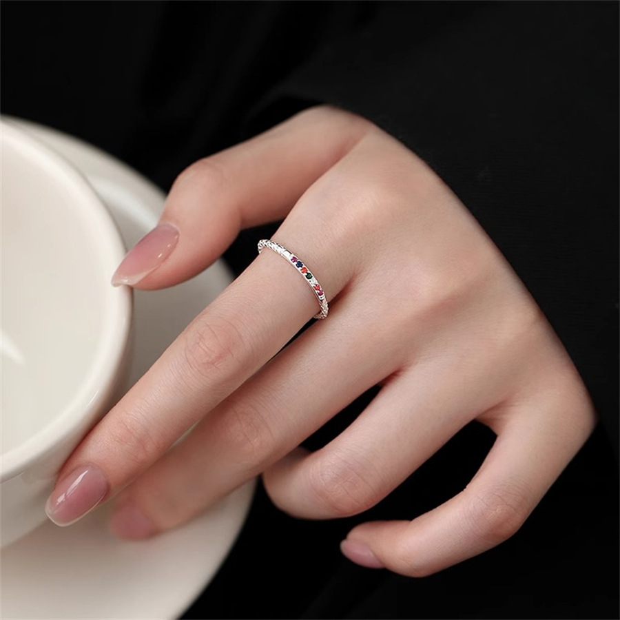 Rainbow fine sparkling diamond ring for women, 925 silver, niche design, light luxury index finger ring, simple ring, versatile open ring tail ring Item Picture