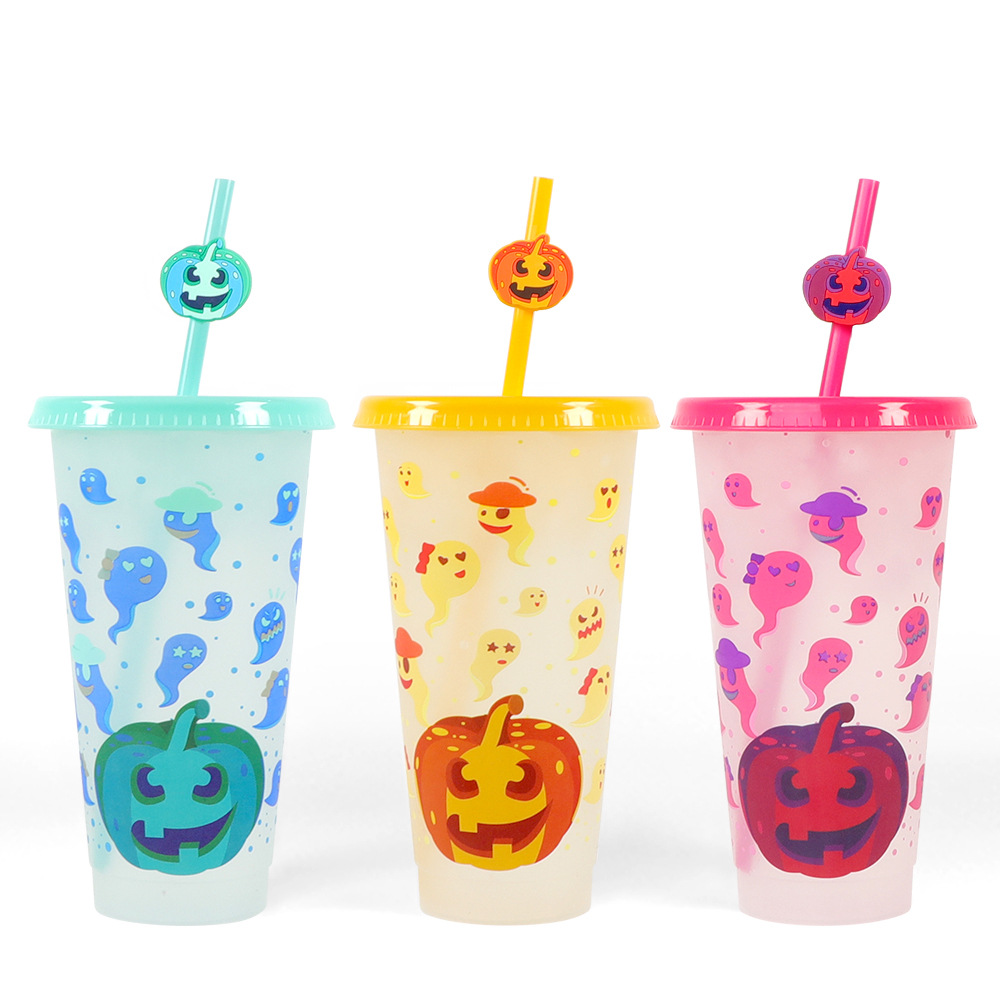 Cross-border in-stock Halloween three-piece set: Funny Devil Pumpkin color-changing cup, creative plastic straw Water cup Item Picture