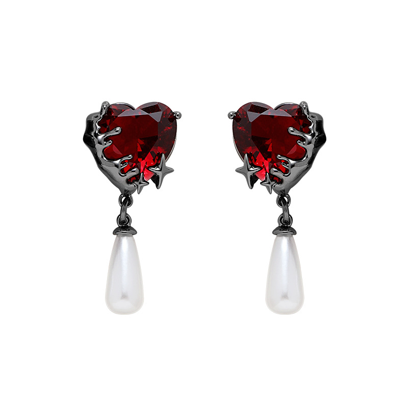 Cross-border pomegranate red heart-shaped earrings, fashionable and elegant European and American air gun black earrings, new personalized and trendy earrings wholesale Item Picture