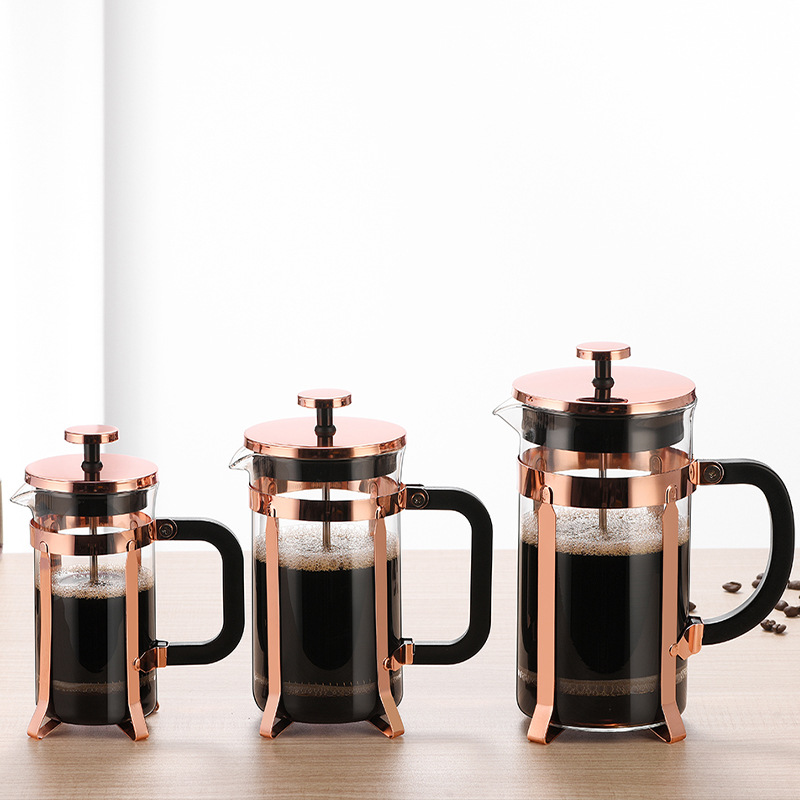 Wholesale French press, high borosilicate glass, household rose gold hand-brewed coffee pot, stainless steel filter extraction tea brewer details Picture