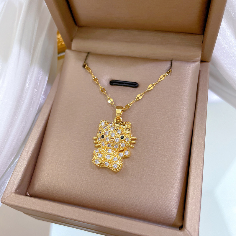 【 Titanium Steel 】 Cat bow, light luxury, elegant and luxurious, full diamond necklace, versatile collarbone chain, titanium steel chain Specification drawing