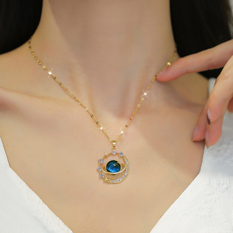 【 Titanium Steel 】 Starry Planet Light Luxury style, luxurious Full diamond necklace, versatile collarbone chain, titanium steel chain for women details Picture