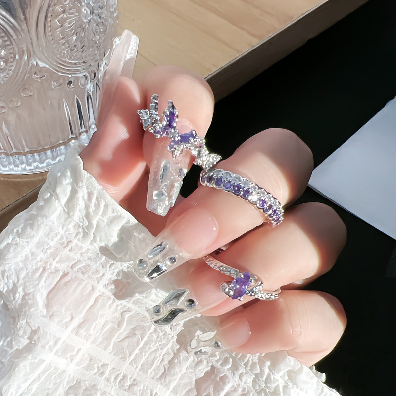 Sweet and cool purple zircon exquisite butterfly row diamond open ring, a cool and unique design for women, versatile and elegant ring details Picture